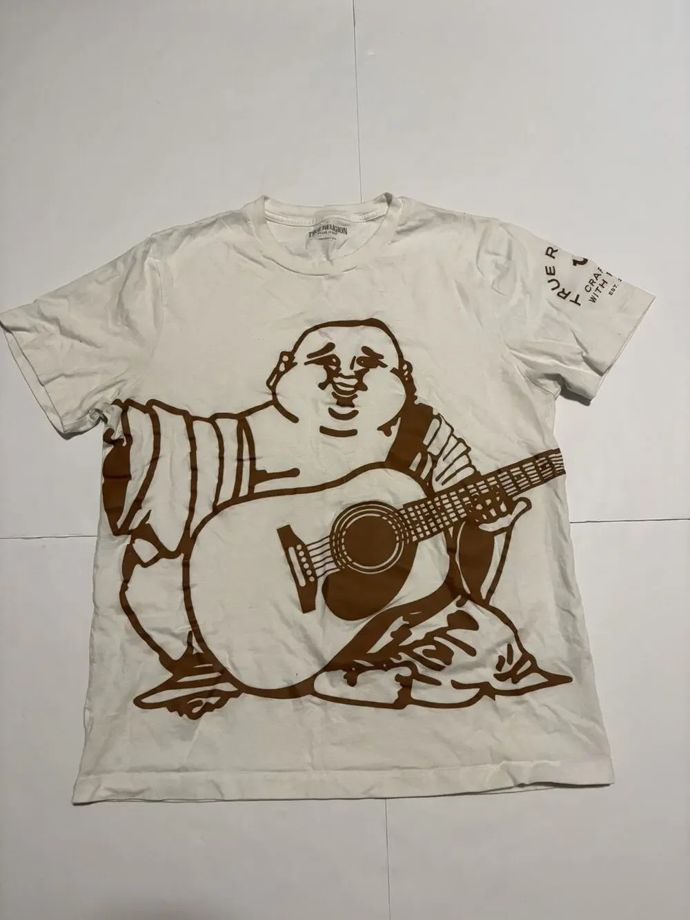 True Religion Mens Large Buddha Guitar Graphic T Shirt White Brown Y2K