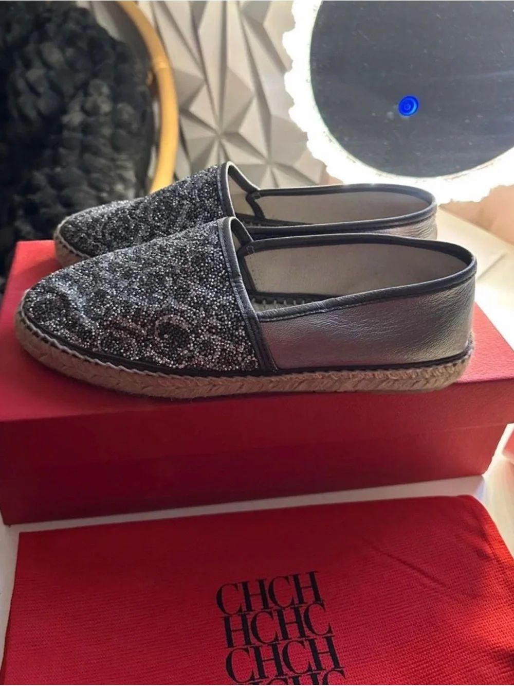 Carolina Herrera Metallic Silver Glitter Espadrilles