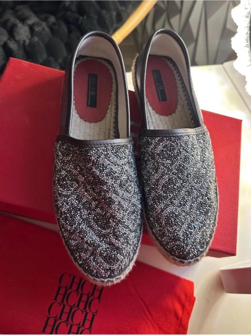 Carolina Herrera Metallic Silver Glitter Espadrilles