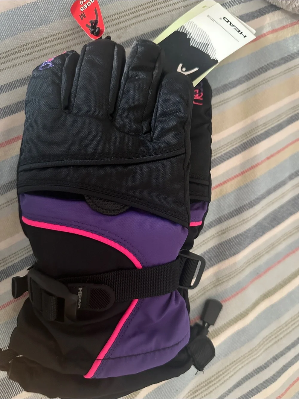 HEAD Kids Black Purple lined gloves with Pink and purple Trim