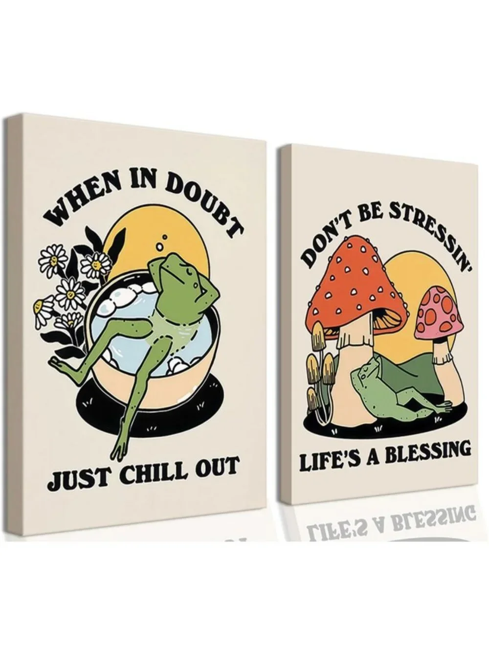 Retro 70s Groovy Frog & Mushroom Wall Art - Vintage Chill Quote Canvas Print