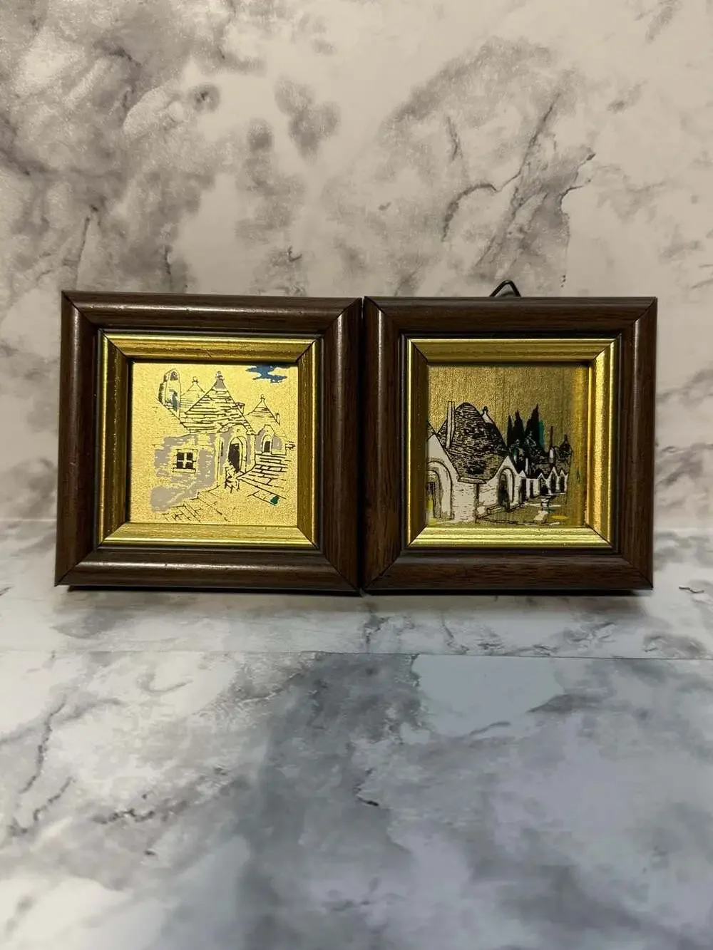 Vintage‎ Pair of Miniature Italian Gold Leaf Trulli House Paintings Framed