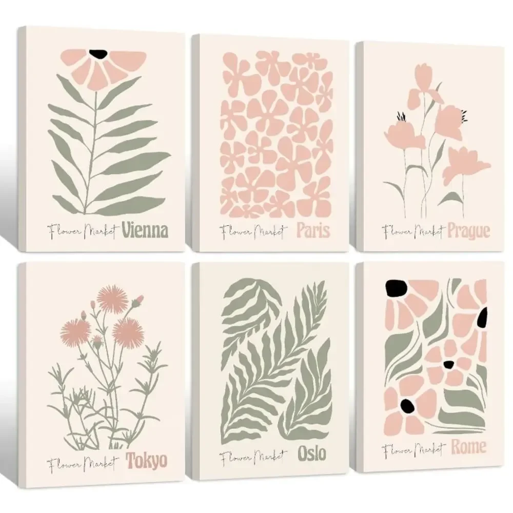 Baccone Boho Botanical Floral Wall Art 6-Piece Canvas Set 12x16 Blush Pink