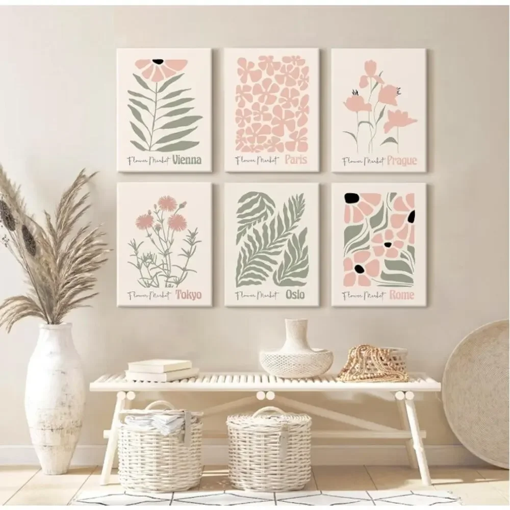 Baccone Boho Botanical Floral Wall Art 6-Piece Canvas Set 12x16 Blush Pink