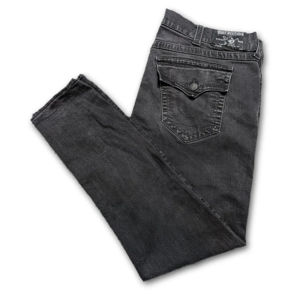 True Religion Mens Jeans Skinny Flap Black 44x32 Denim Stretch Pockets Size