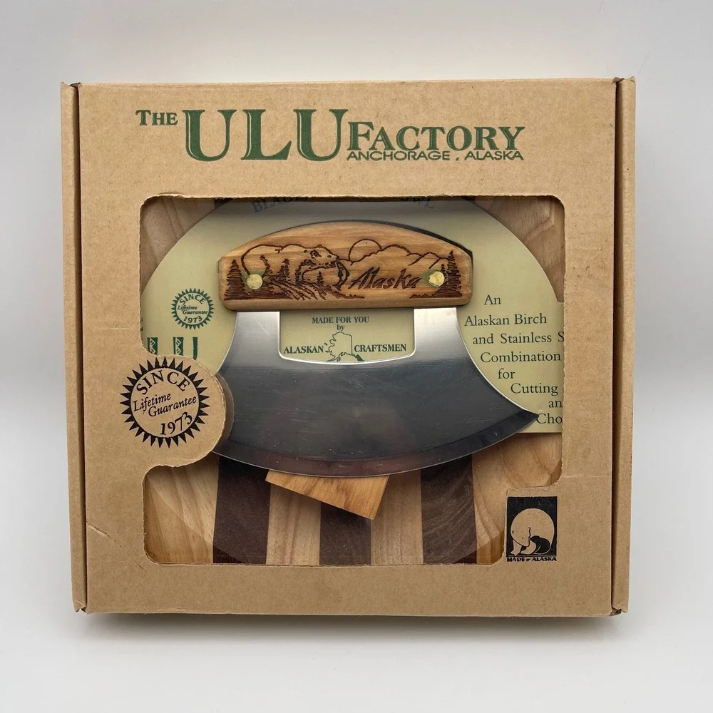 The Ulu Factory Brown Chopping Bowl with Ulu Knife Birch Walnut Set