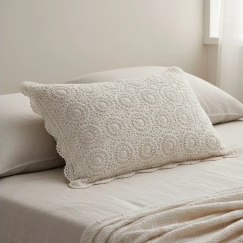 Crochet Cotton Cushion Pillowcase Tan Boho 26x20 In Hippie Western BarncoreSku20