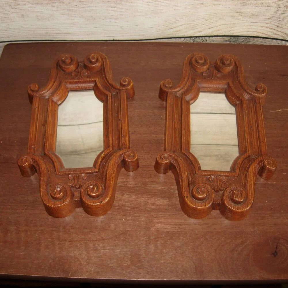 2 Vintage Home Interiors Burwood Faux Wood Scroll Accent Wall Mirrors 9.5” x 6”
