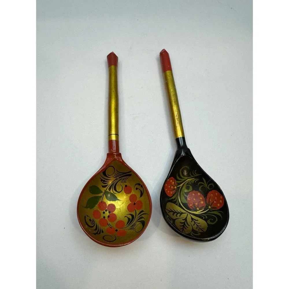 Russian Khokhloma Hand-Painted Wooden Spoons Floral Folk Art Gold Red Black‎