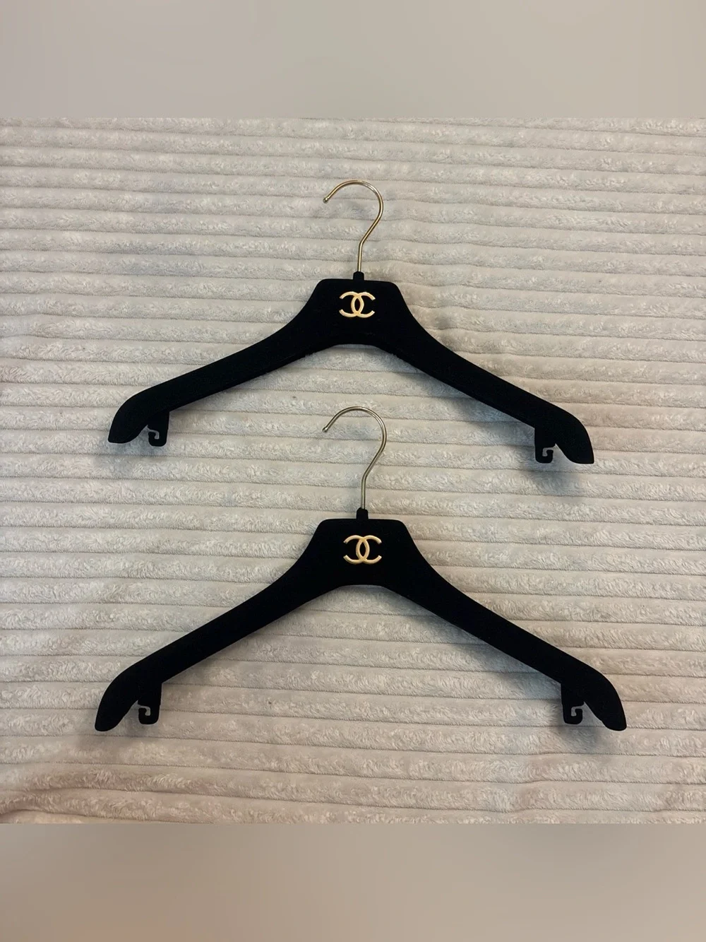 CHANEL Black Velvet Hangers with Gold CC Logo - Set of 2