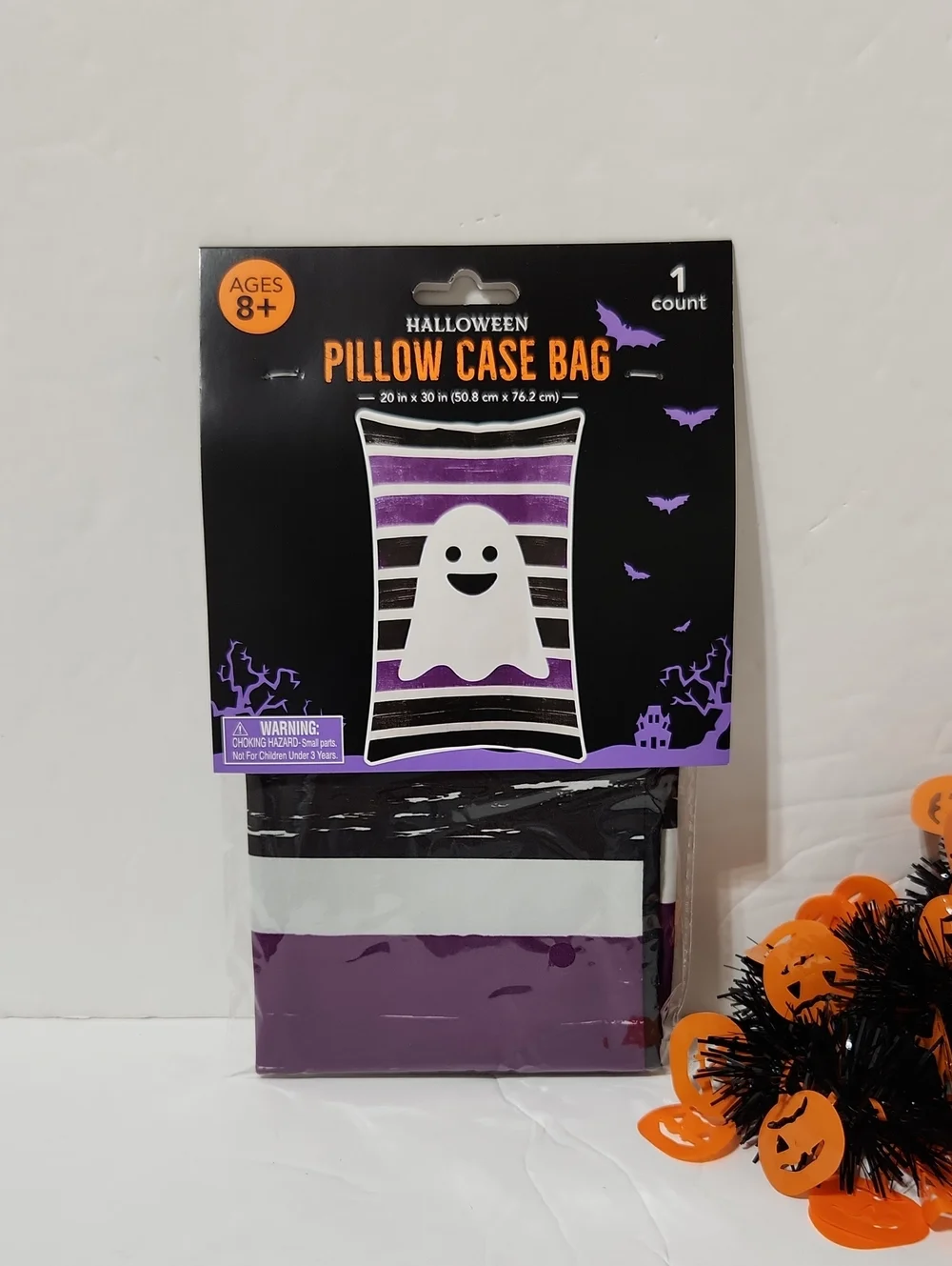 Halloween Black & Purple Stripe Ghost Pillow Case Trick-or-Treat Candy Bag
