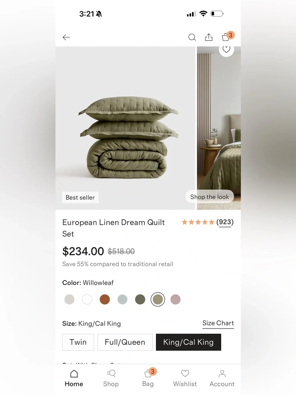 NWOT Willowleaf European Linen King/Cal King Dream Quilt Set - Retail $234