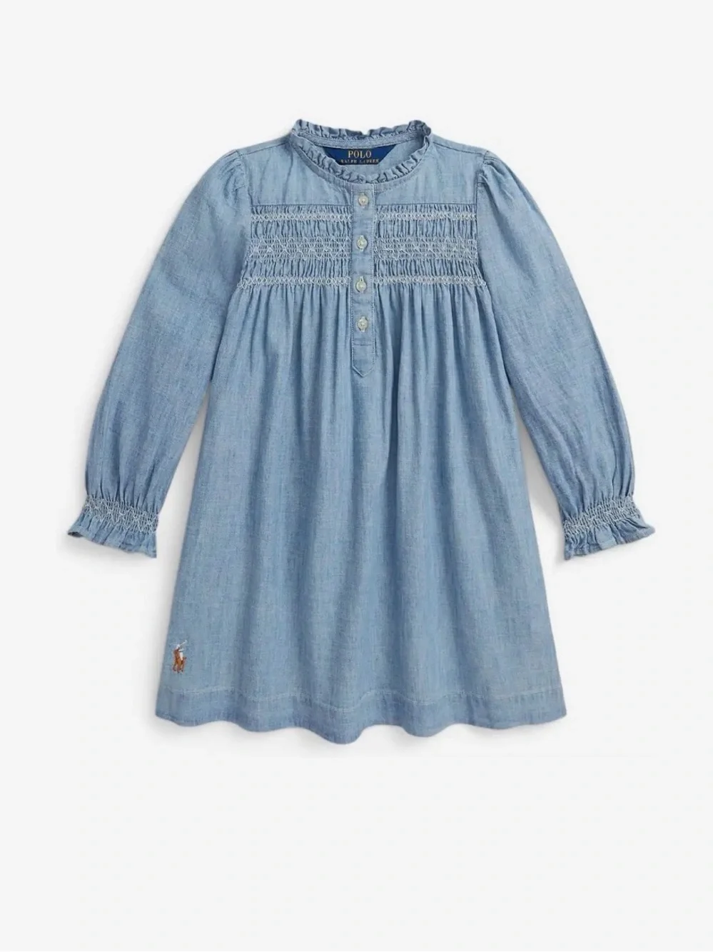 Ralph Lauren Light Blue Chambray Smocked Long-Sleeve Dress