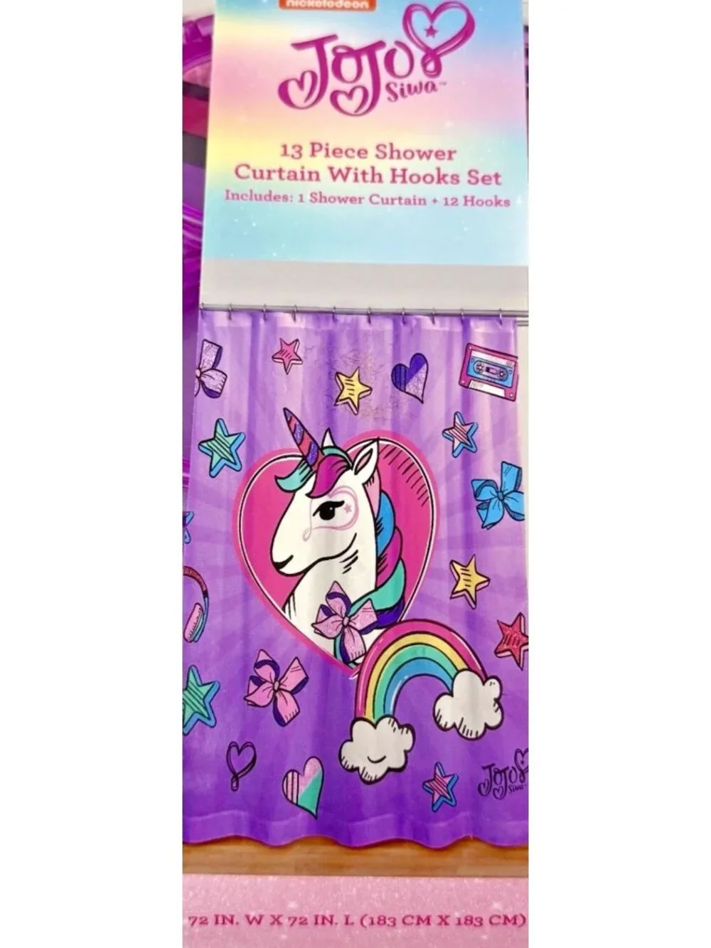 NWT Nickelodeon JoJo Siwa Unicorn Rainbow Fabric Shower Curtain Set 13 Pc