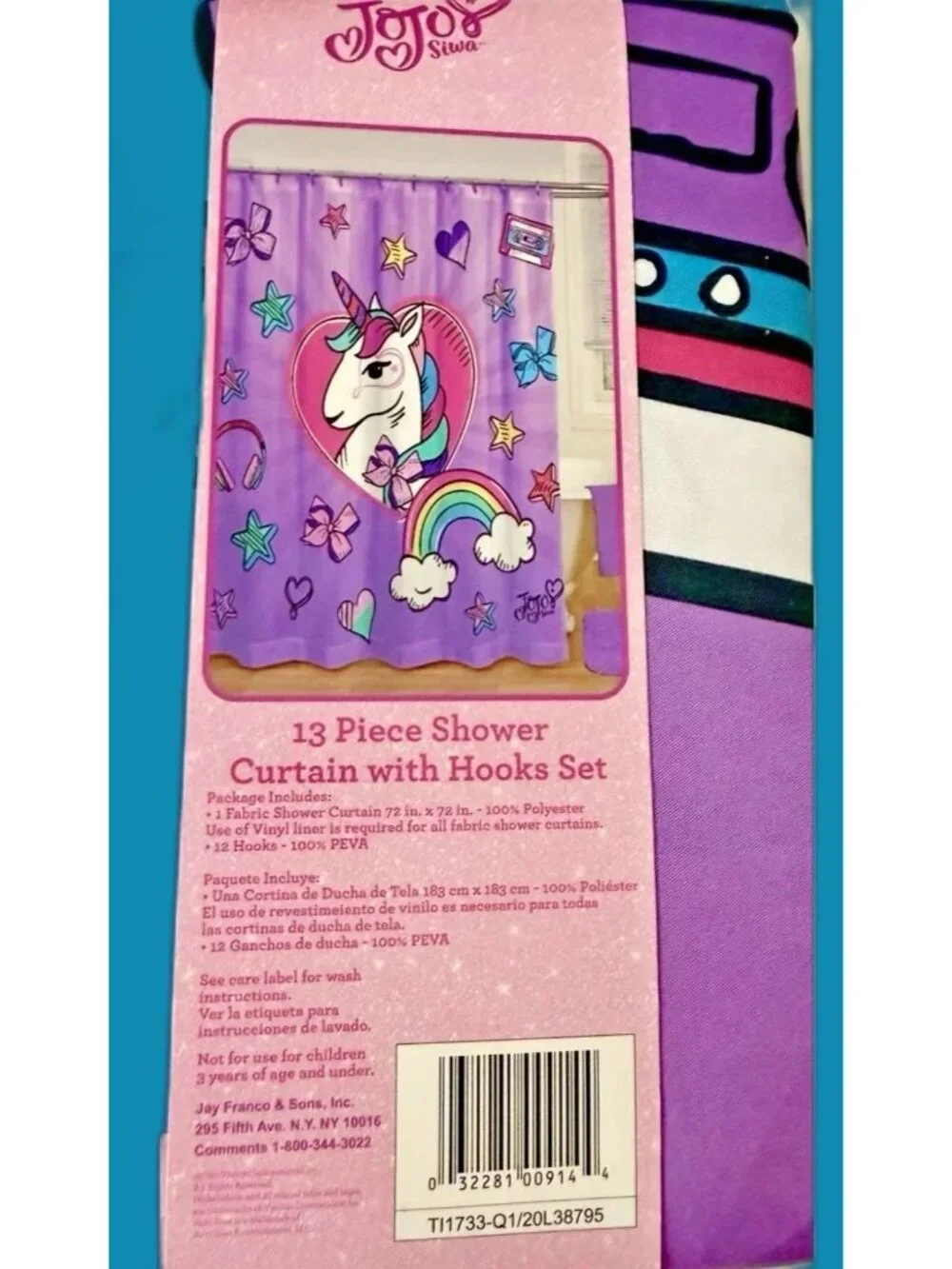 NWT Nickelodeon JoJo Siwa Unicorn Rainbow Fabric Shower Curtain Set 13 Pc