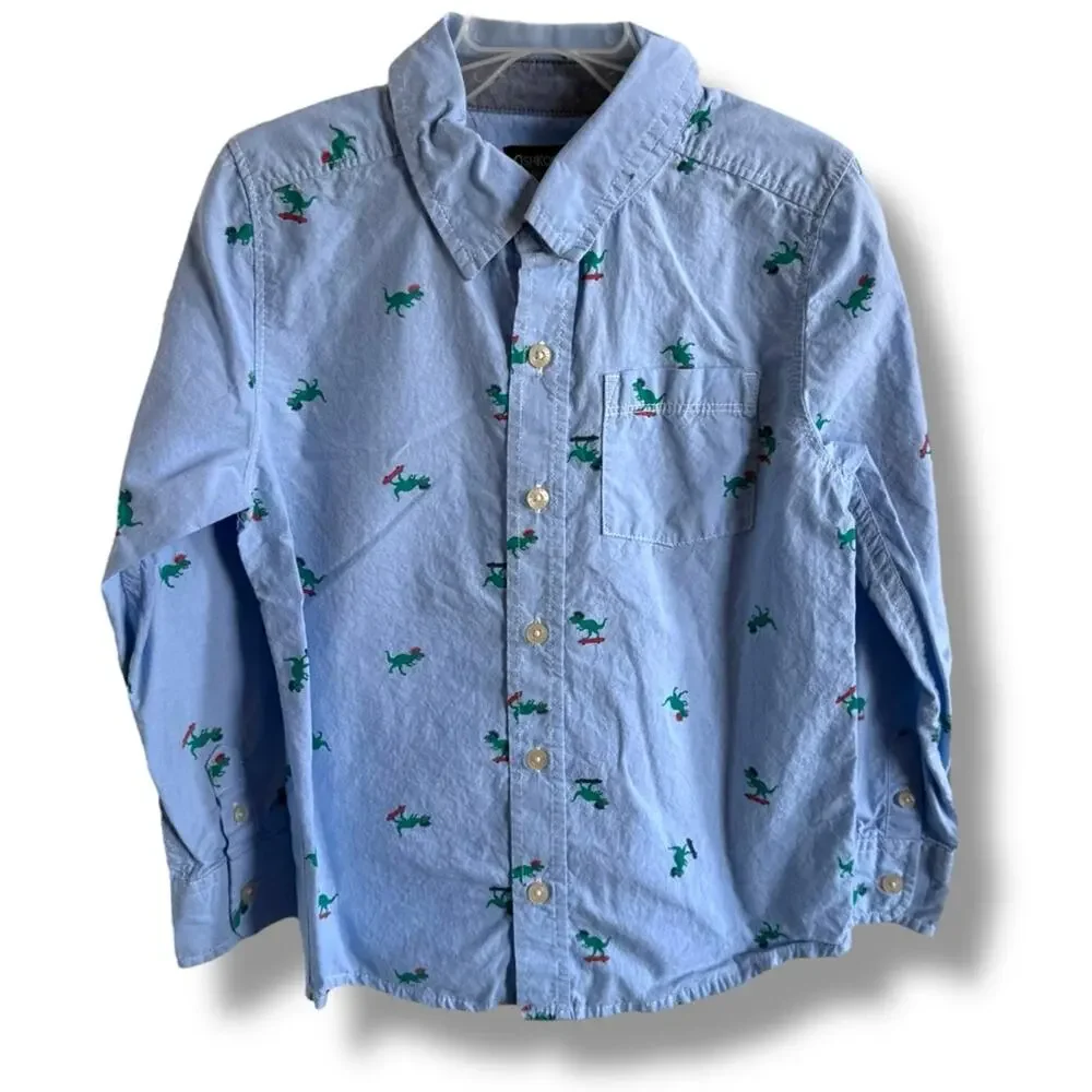 OshKosh B'gosh Blue and Green Casual Button Down Shirt Skateboarding Dinosaurs 7