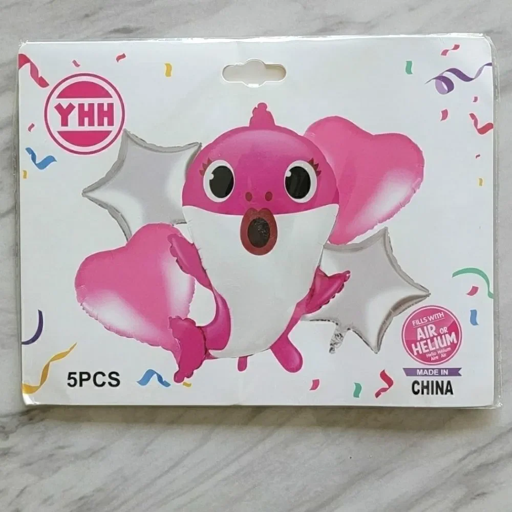 5 Pcs Baby Shark Pink Silver Heart Stars Balloons