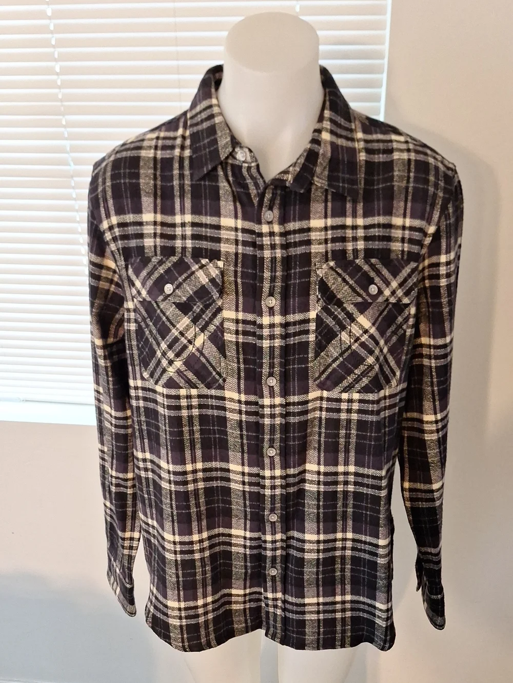 True Religion Black, Cream and Purple Plaid Button-Down Shirt