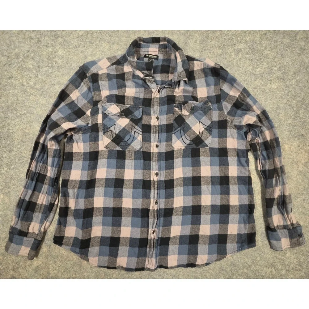 True Religion Mens 2XL Blue Plaid Palm Tree Graphic Flannel Shirt Boxy Fit