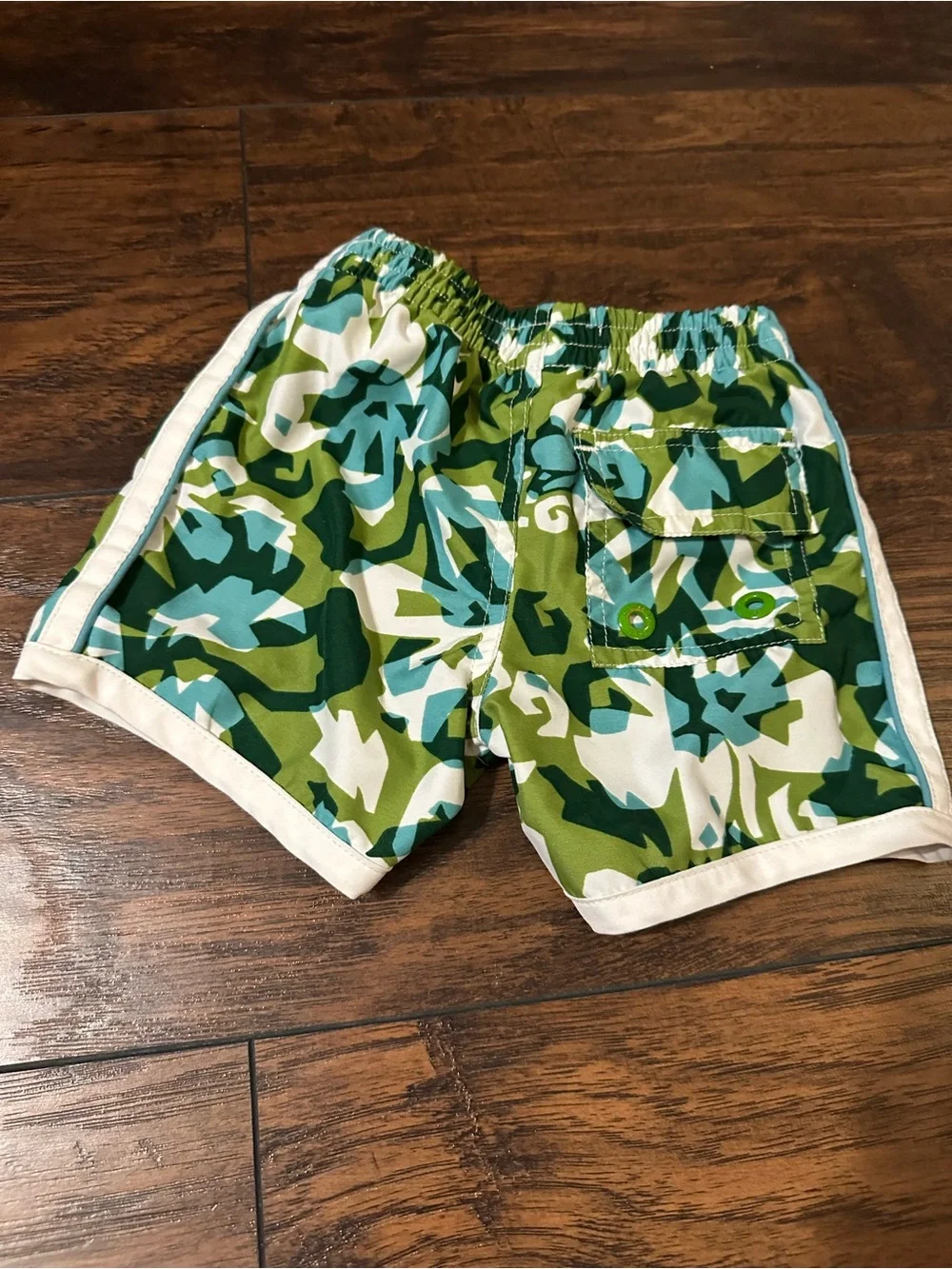 Vintage OshKosh Baby Green & Teal Floral Swim Shorts with White Trim