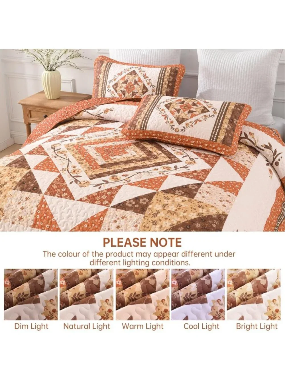 Cozy Patchwork Queen Quilt Set - Fall Orange Floral Farmhouse Bedspread