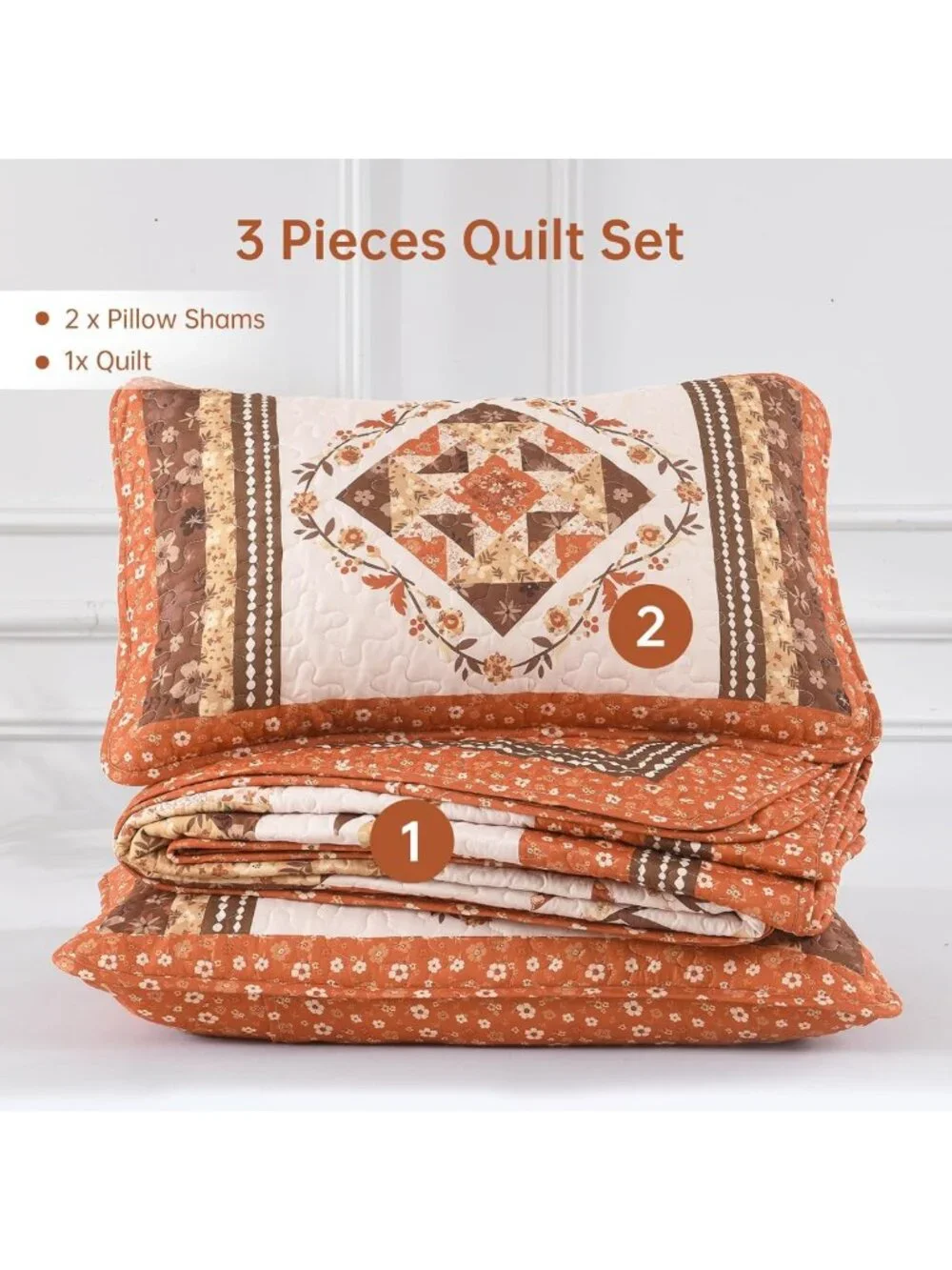 Cozy Patchwork Queen Quilt Set - Fall Orange Floral Farmhouse Bedspread