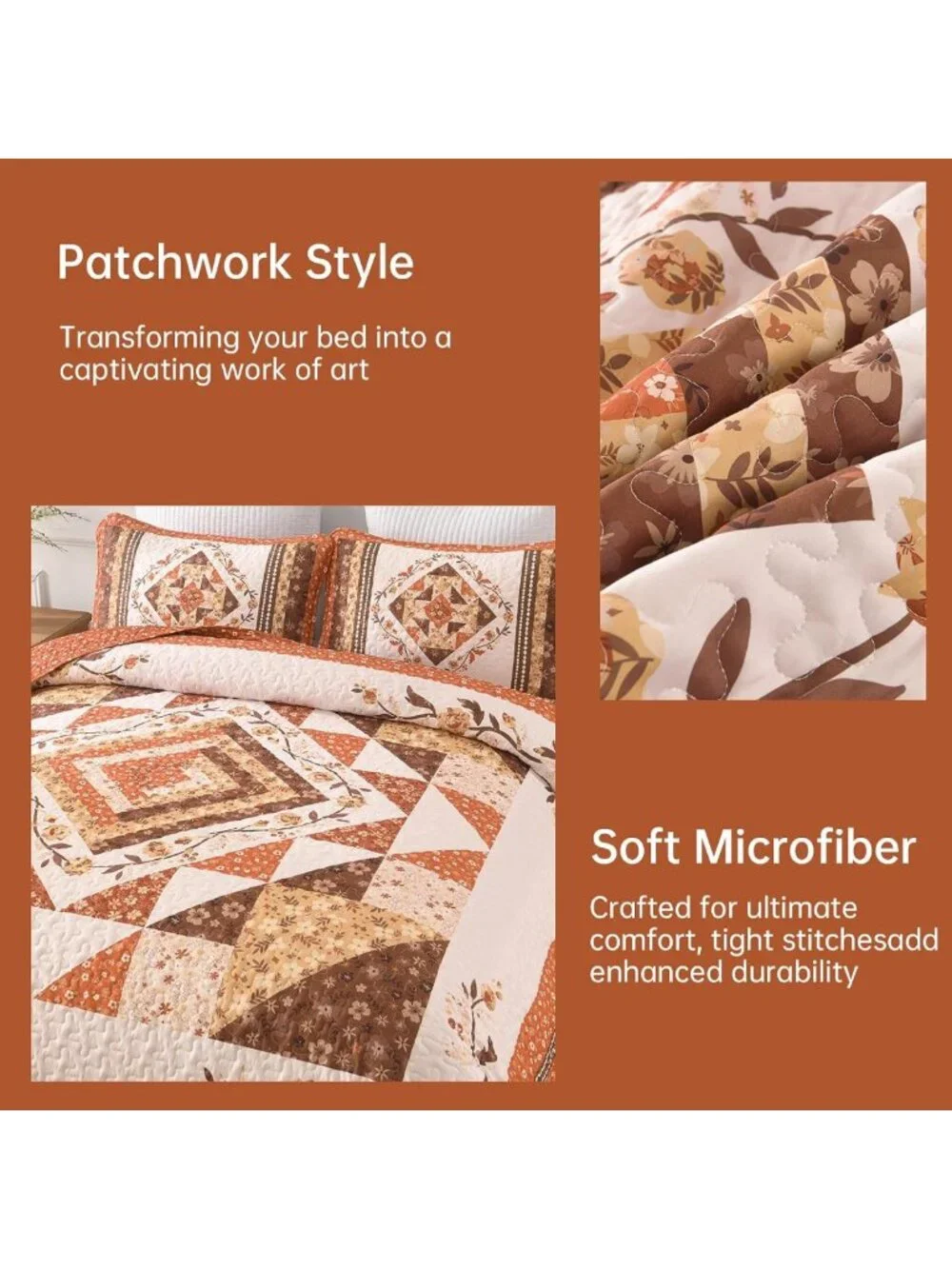 Cozy Patchwork Queen Quilt Set - Fall Orange Floral Farmhouse Bedspread