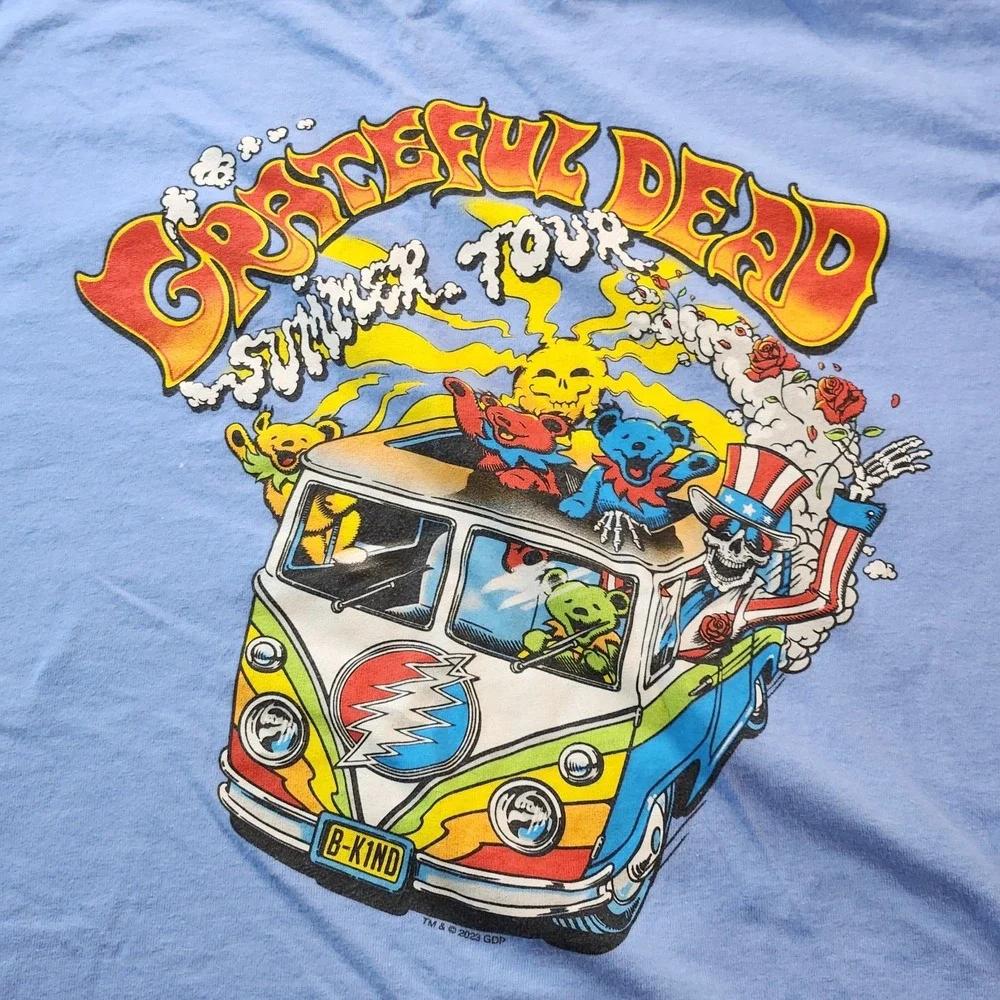 Grateful Dead T Shirt Large Blue Hippie Bus Summer Tour Liquid Blue