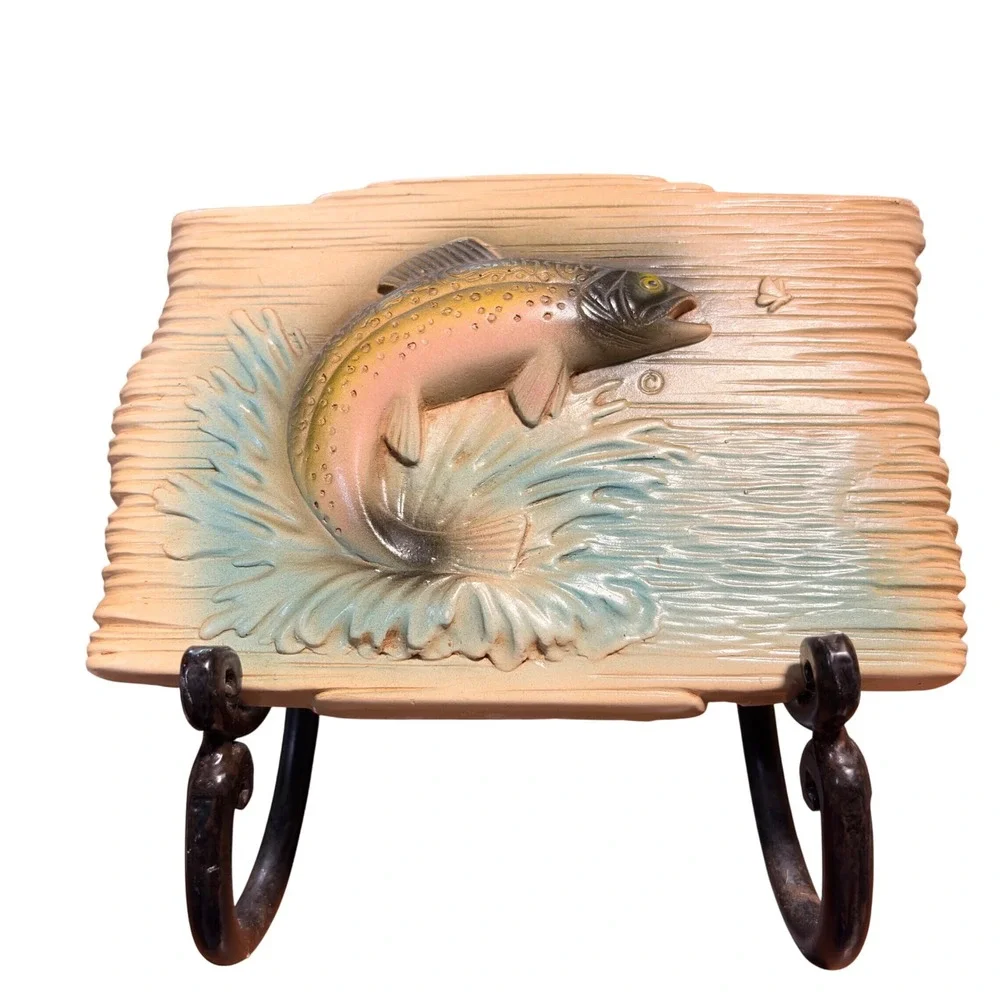 Vintage Orn-A-Craft Jumping‎ Trout Fish 3D Relief Wall Plaque Rustic Cabin Decor