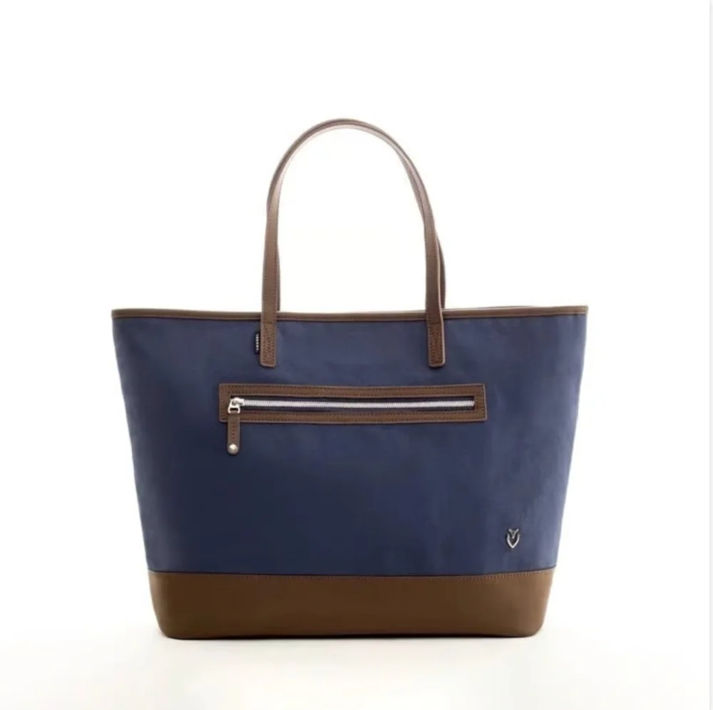 VESSEL Brown Blue Denim Canvas Leather Tote Bag Weekend Shoulder Zip Very Good