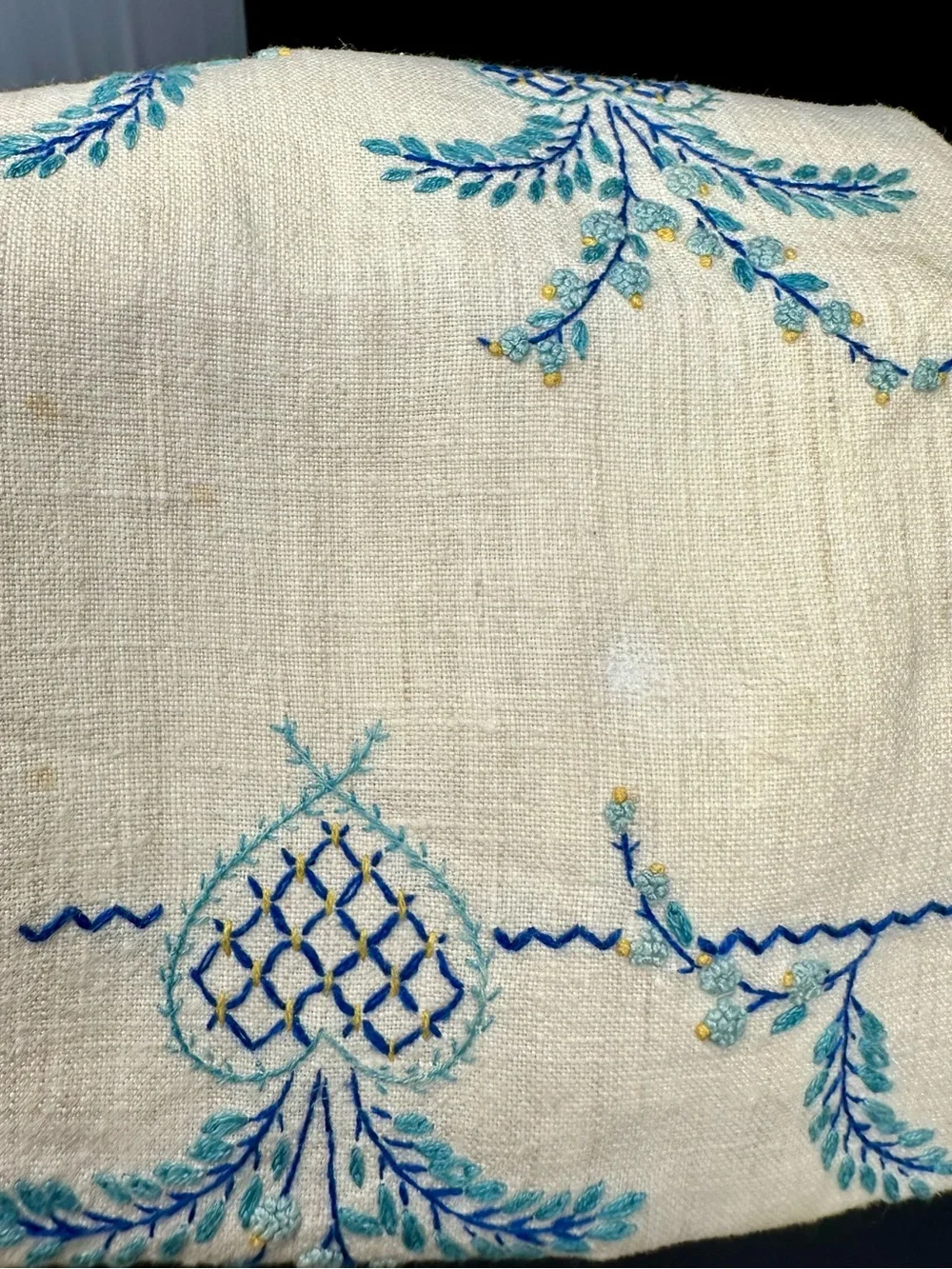 Vintage Linen Beige Hand Blue Embroidered Napkins A4