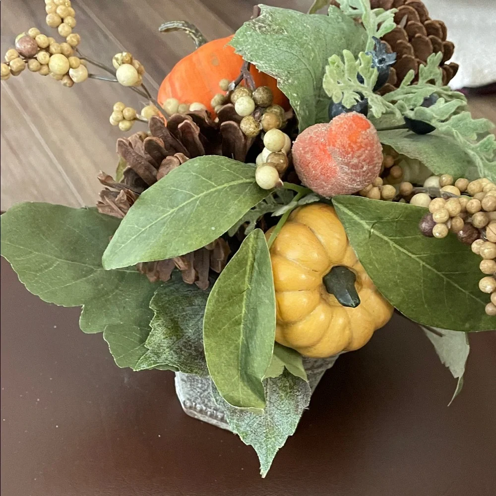 Autumn Harvest Centerpiece with Pinecones and Pumpkins