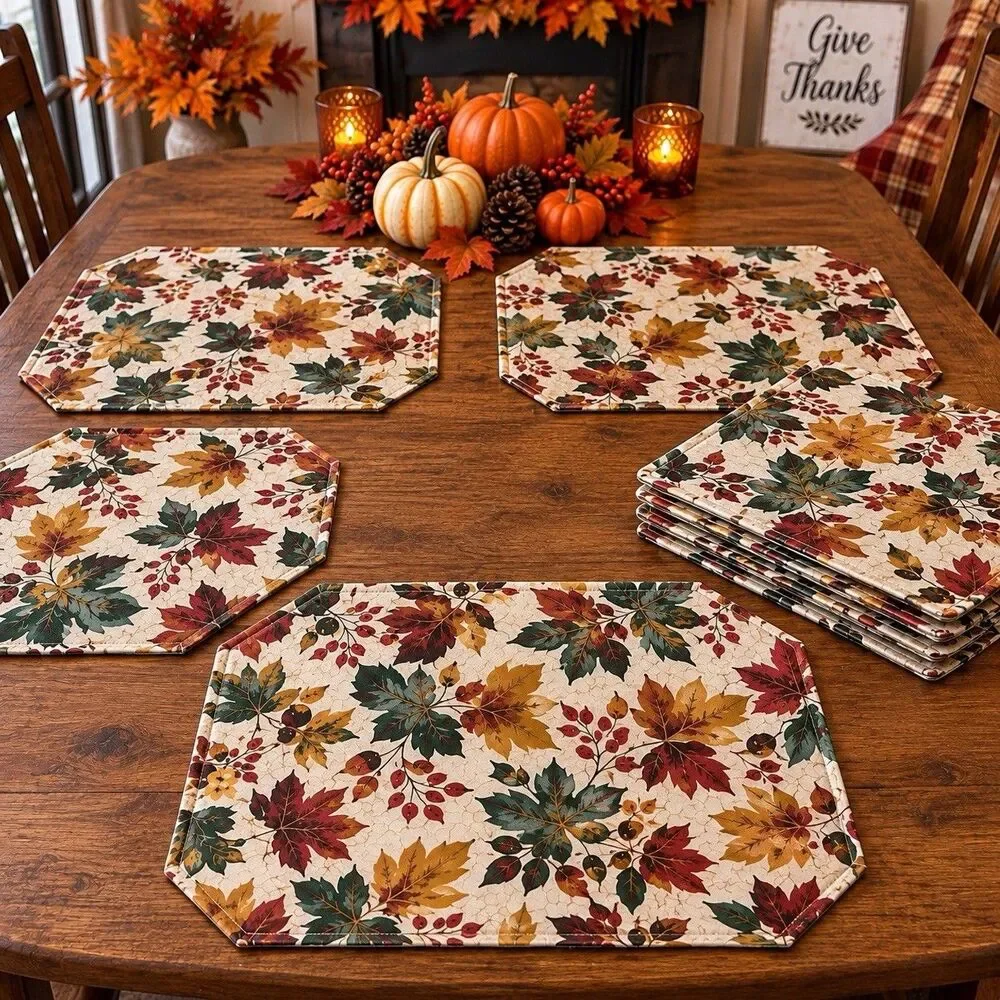 Thanksgiving Fall Placemats Set of 8 Plastic Reversible Autumn Leaves Acorns VTG