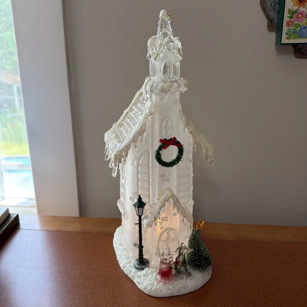 Vintage Christmas Light Up Church‎ Plastic Crystal Look WORKS 1980s 13