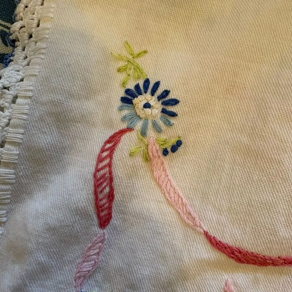 Embroidered Dresser Scarf Table Runner Vtg Basket Flowers Ribbon 30x13 White