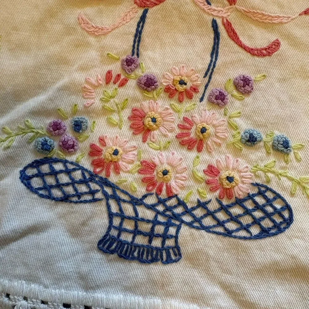 Embroidered Dresser Scarf Table Runner Vtg Basket Flowers Ribbon 30x13 White
