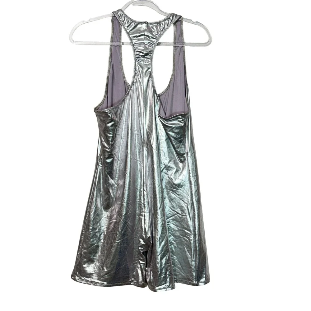 SKIMS Metallic Swim Romper Women's 4X Nickel Silver Racerback Bodysuit