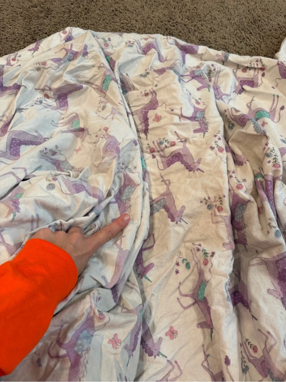 Pottery Barn Kids Full Size Organic Cotto. Purple Unicorn Flannel Sheet set
