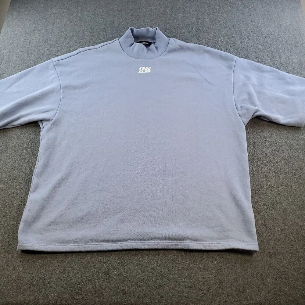 True Religion Mock Neck Oversized Shirt Mens Size Large Blue Fleece Lining
