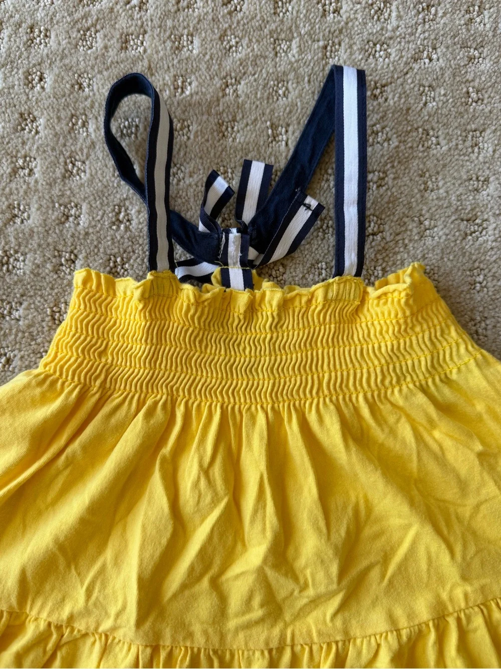 Ralph Lauren Girls’ Yellow Tiered Smocked Sundress With Navy/White Straps, Size