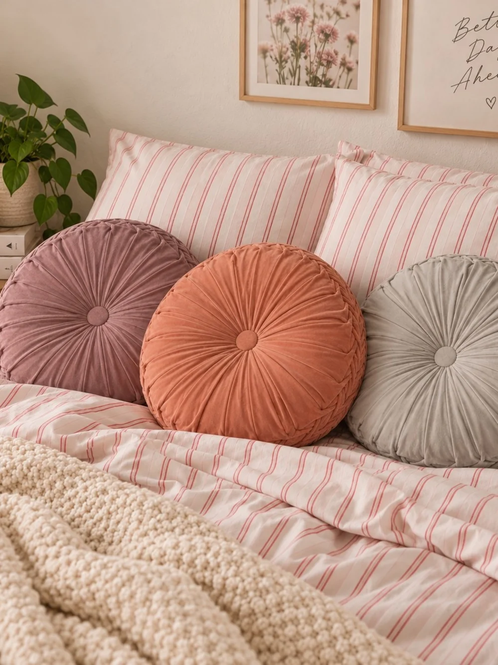 Urban Outfitters Round Velvet Pillow Trio in Mauve, Peach, and Light Gray