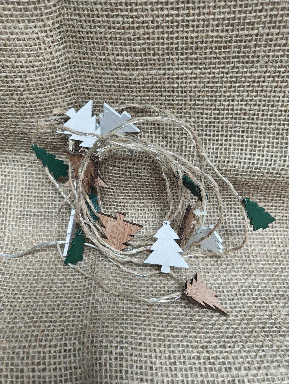 Rustic Green, White & Natural Wood Christmas Tree Garland Lights