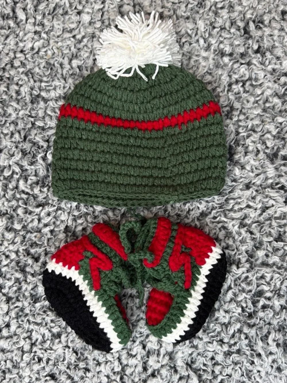 Cozy Kids Green Crochet Beanie with White Pom and Red Stripe