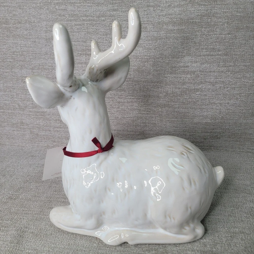 Pottery Barn Ceramic Reindeer White Glazed Christmas Decor Buck Figurine NEW