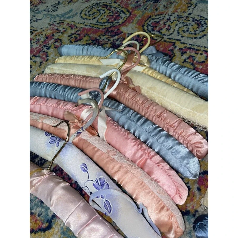 Vintage Padded Satin Traditional Clothes Hangers Lot, Multicolor Floral Coquette