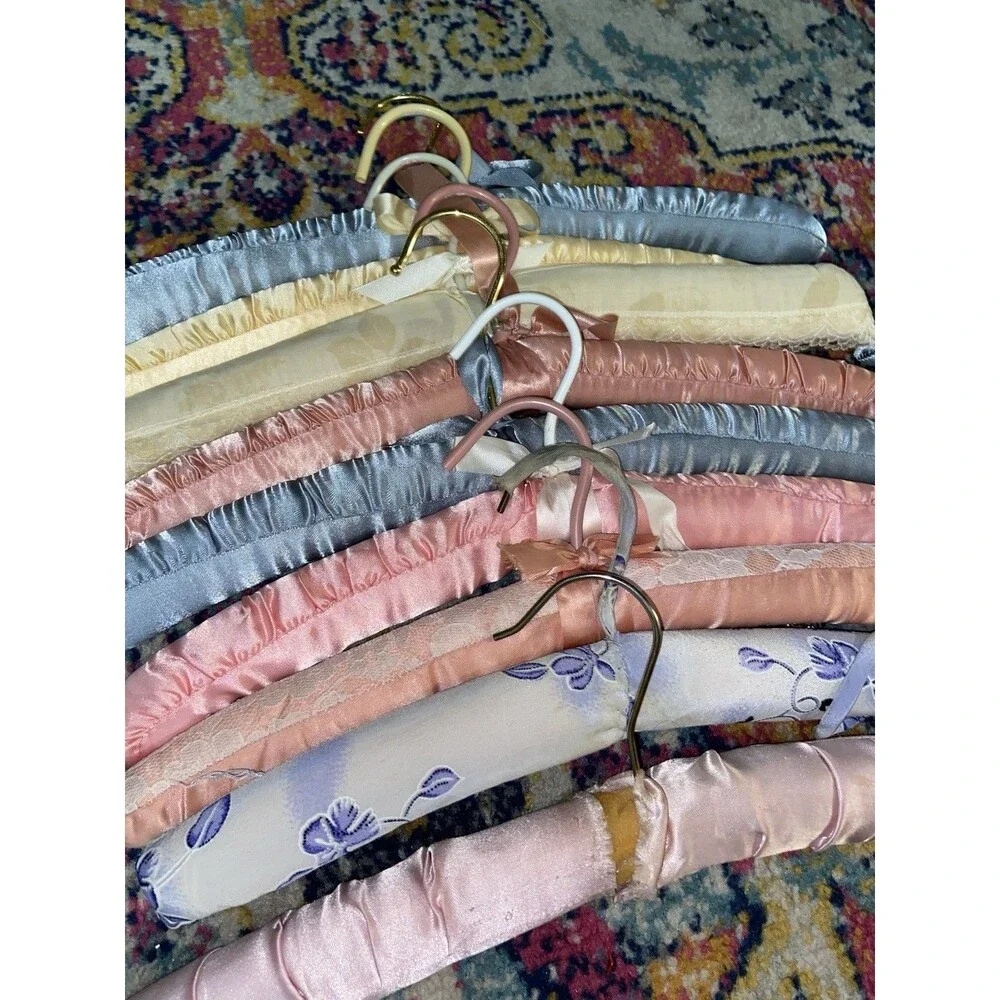 Vintage Padded Satin Traditional Clothes Hangers Lot, Multicolor Floral Coquette