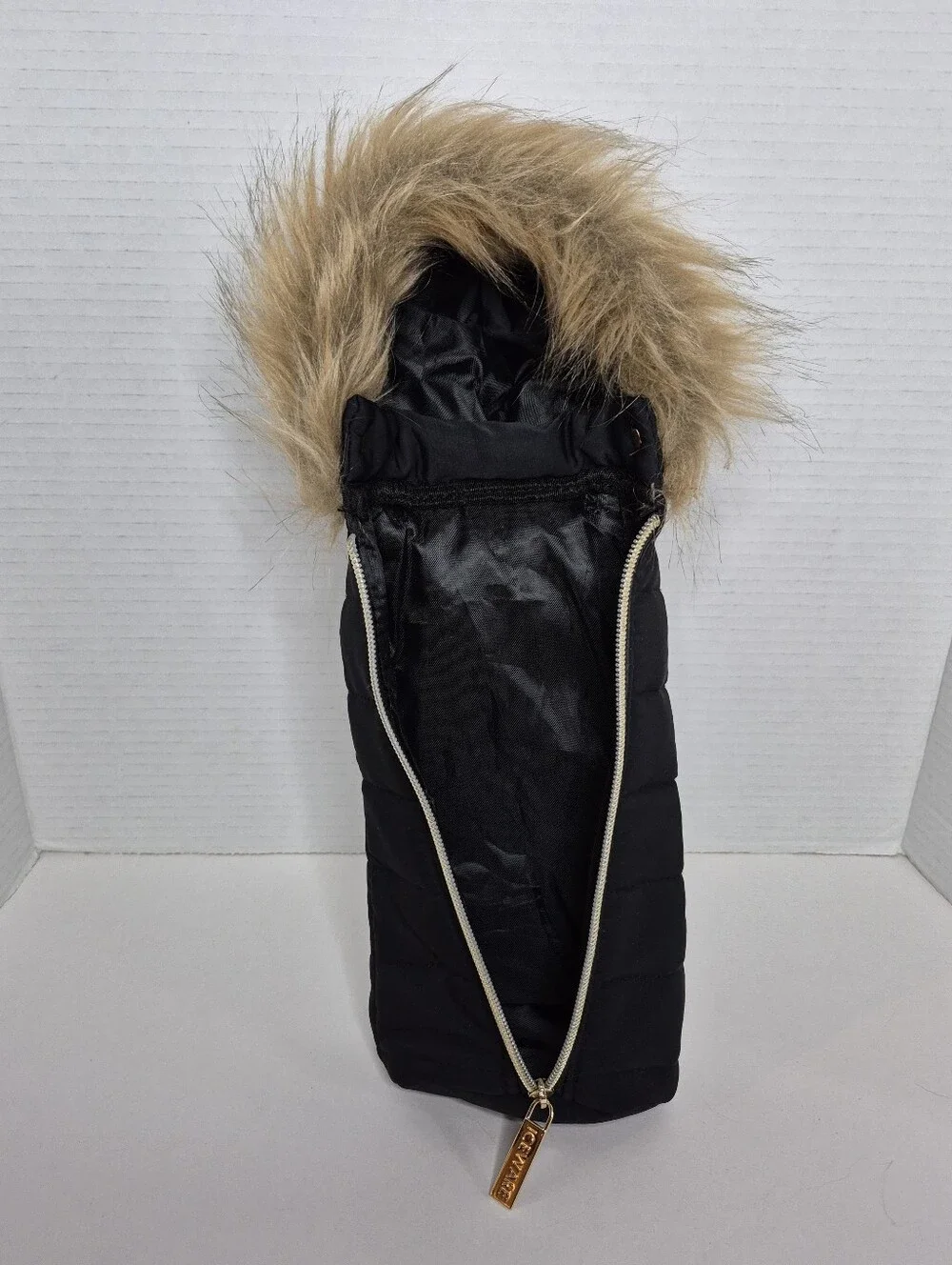 Black Faux Fur Trim Bottle Jacket with Gold Zipper IceWare