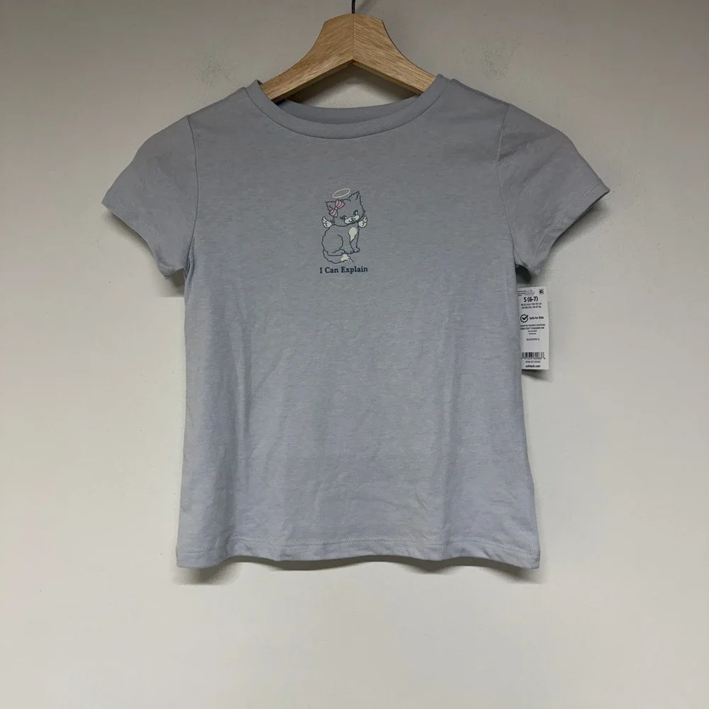 OshKosh Bgosh Girls Light Blue Cat Angel Graphic Tee Shirt Size S 6-7