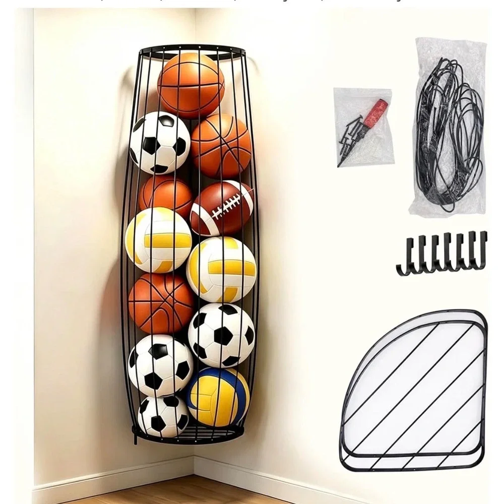Wall Mounted Corner Sports Ball Storage Rack Black Metal Garage Organizer