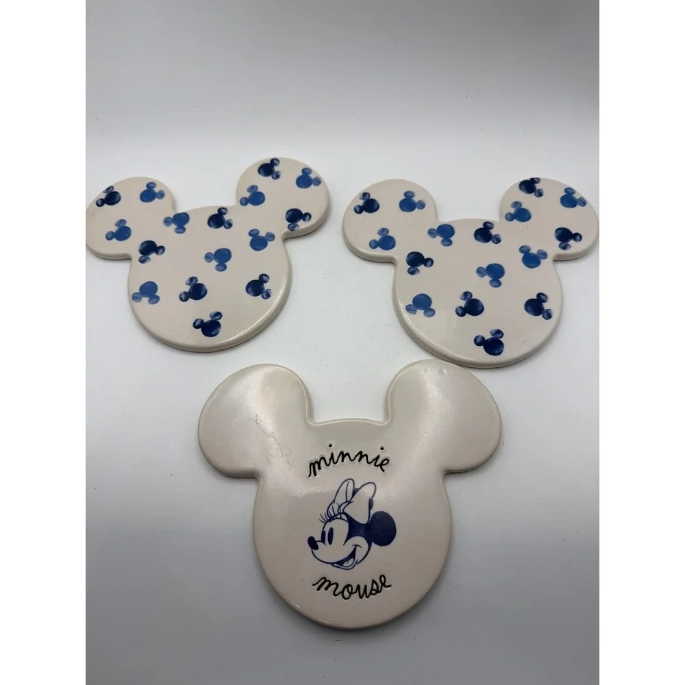 Disney Rae Dunn Mickey Mouse Ceramic Coaster Set of 3 Blue White Minnie Mouse